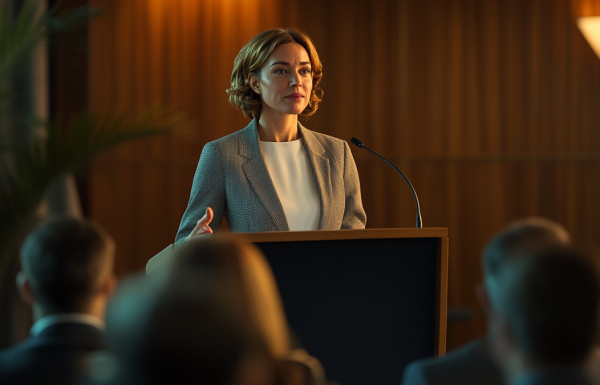 Professional woman at a podium taking a deep breath before presenting, modern conference room setting, navy and gold corporate aesthetic, calm confidence before high-stakes presentation