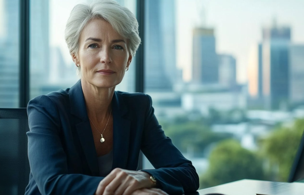 Professional woman with short gray hair in a navy blazer sits at a desk in a bright office, city skyline in the background.