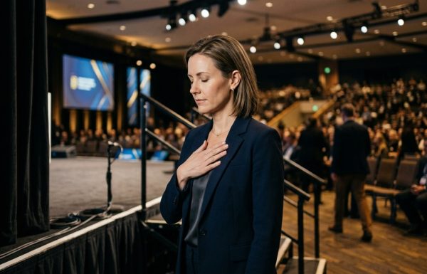 Composed female executive taking a brief breathing reset moment backstage before a presentation