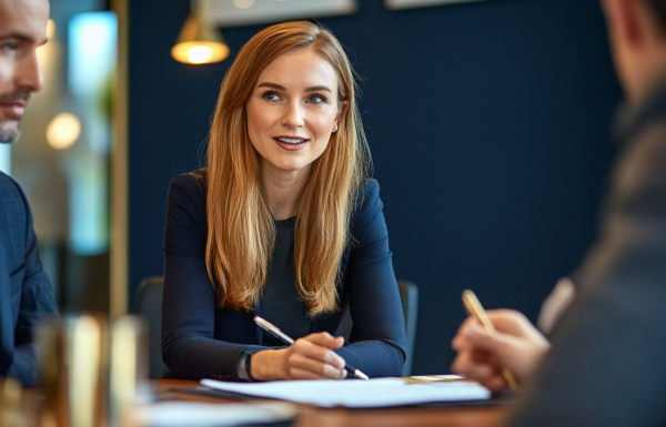 Professional woman in a navy blazer sits at a table with papers, speaking to colleagues during a business meeting margins.