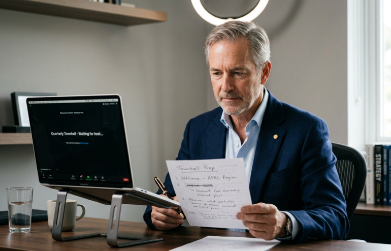 Middle-aged man in a blue blazer sits at a desk, reading handwritten notes with a pen in hand, beside a raised laptop monitor and ring light in a bright office.