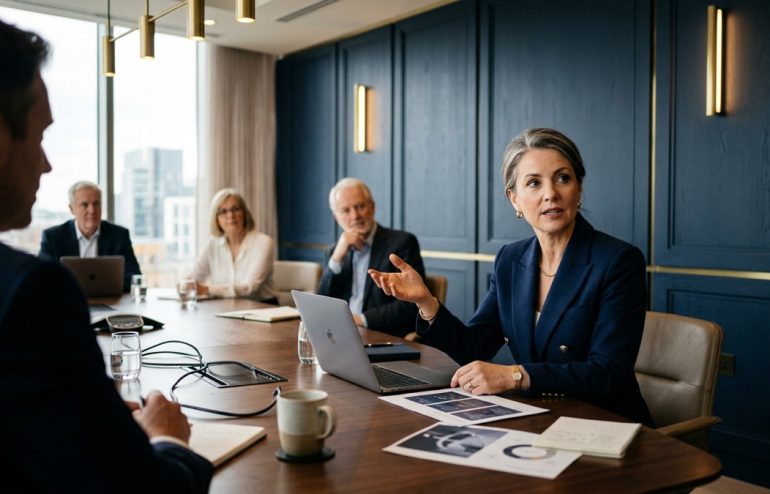 Professional woman in a navy blazer presents to colleagues around a wooden table with laptops and reports on display.
