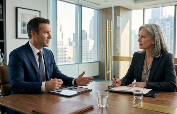 Two business professionals talk across a wooden conference table in a modern office with a city skyline outside the windows in the background.