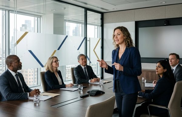 Female executive presenting to a diverse group of senior stakeholders seated at a long boardroom table in a modern glass-walled boardroom