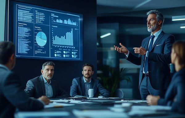 Senior executive presenting a workforce planning business case to a finance panel — boardroom setting, data-led discussion, confident composed presenter, navy and gold tones
