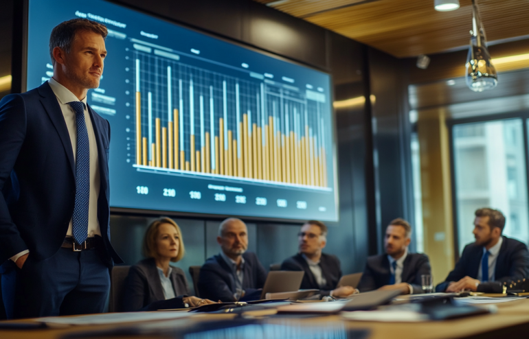 Executive presenting a single summary slide to senior leadership in a year-end review meeting